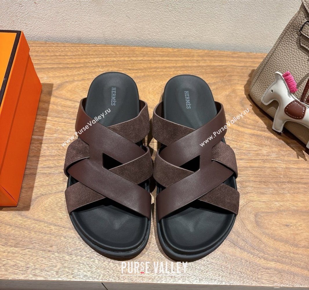 Hermes Kazimir Flat Slides Sandal in Woven Suede and Calfskin Leather Fondant Brown 2025 0419 (XC-250419090)