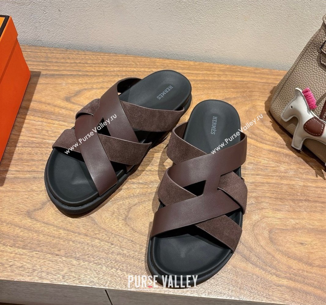 Hermes Kazimir Flat Slides Sandal in Woven Suede and Calfskin Leather Fondant Brown 2025 0419 (XC-250419090)