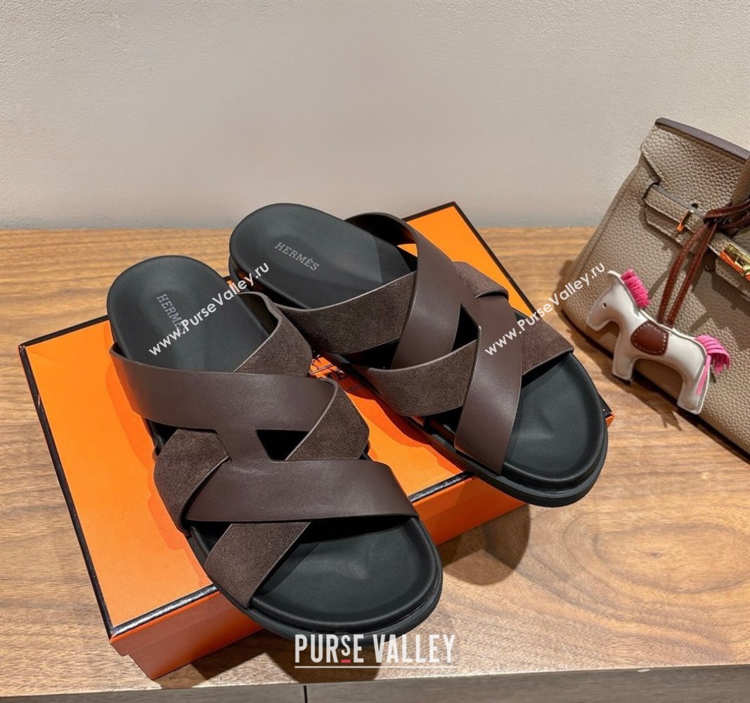 Hermes Kazimir Flat Slides Sandal in Woven Suede and Calfskin Leather Fondant Brown 2025 0419 (XC-250419090)