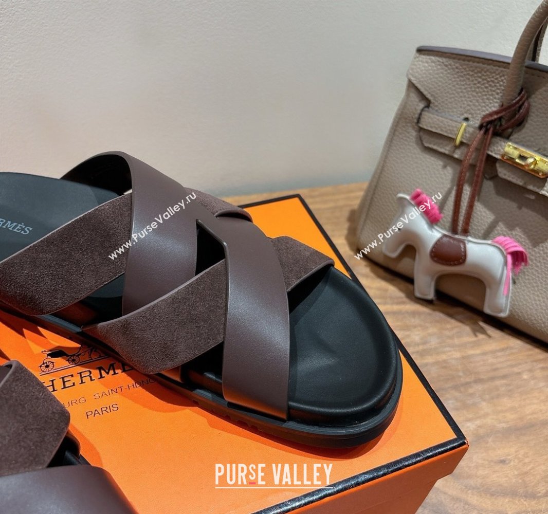 Hermes Kazimir Flat Slides Sandal in Woven Suede and Calfskin Leather Fondant Brown 2025 0419 (XC-250419090)