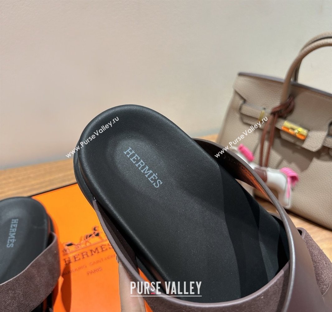 Hermes Kazimir Flat Slides Sandal in Woven Suede and Calfskin Leather Fondant Brown 2025 0419 (XC-250419090)