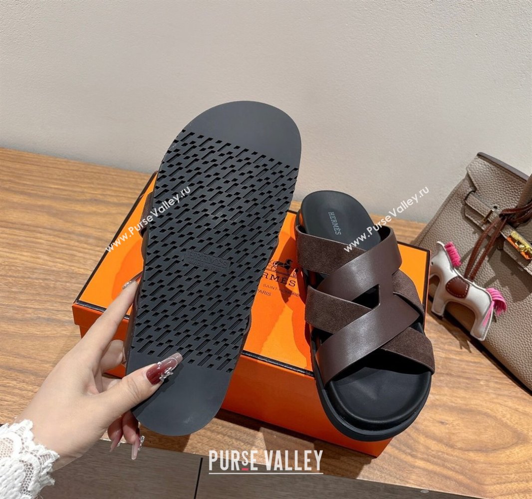 Hermes Kazimir Flat Slides Sandal in Woven Suede and Calfskin Leather Fondant Brown 2025 0419 (XC-250419090)