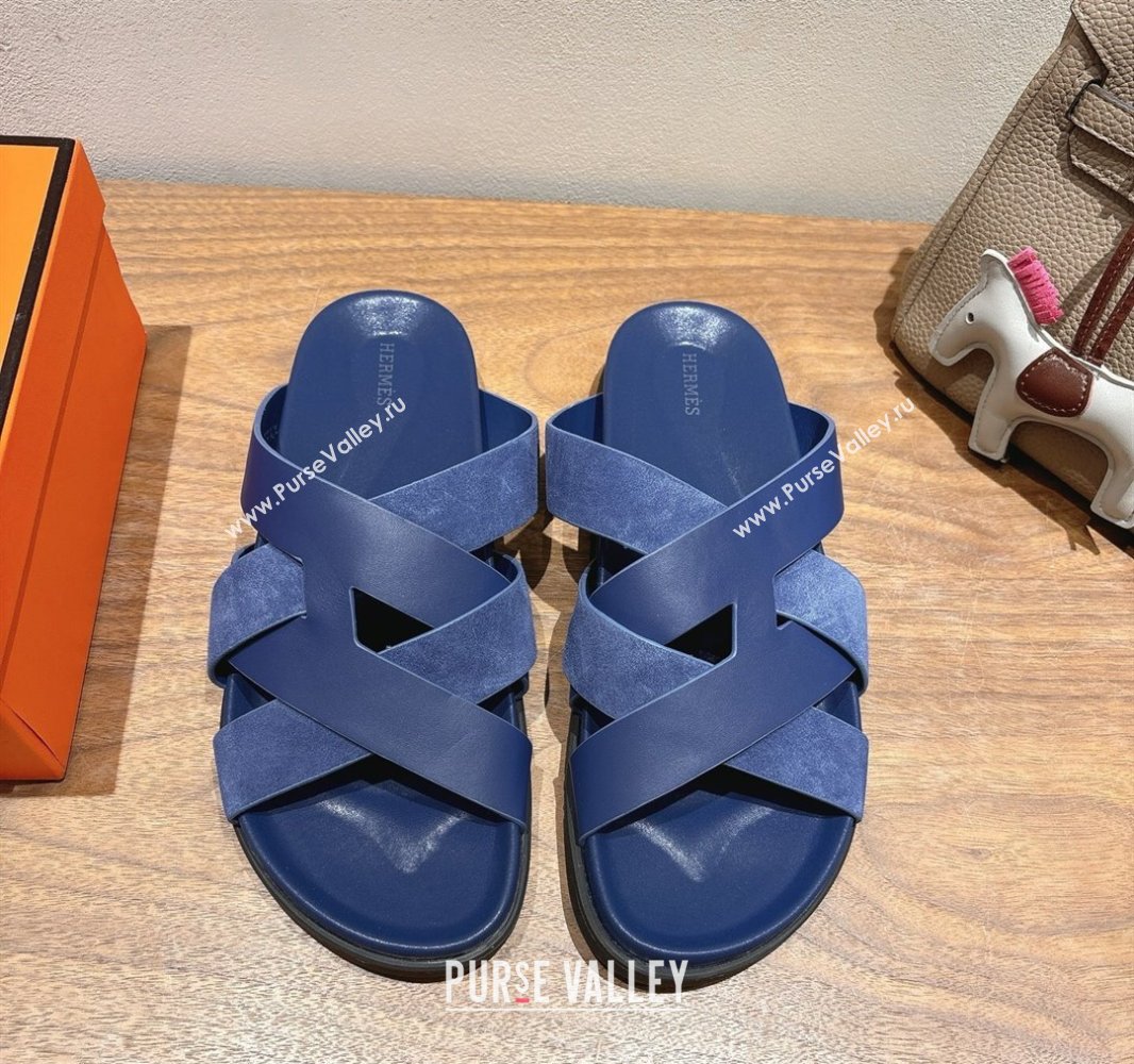 Hermes Kazimir Flat Slides Sandal in Woven Suede and Calfskin Leather Royal Blue 2025 0419 (XC-250419092)