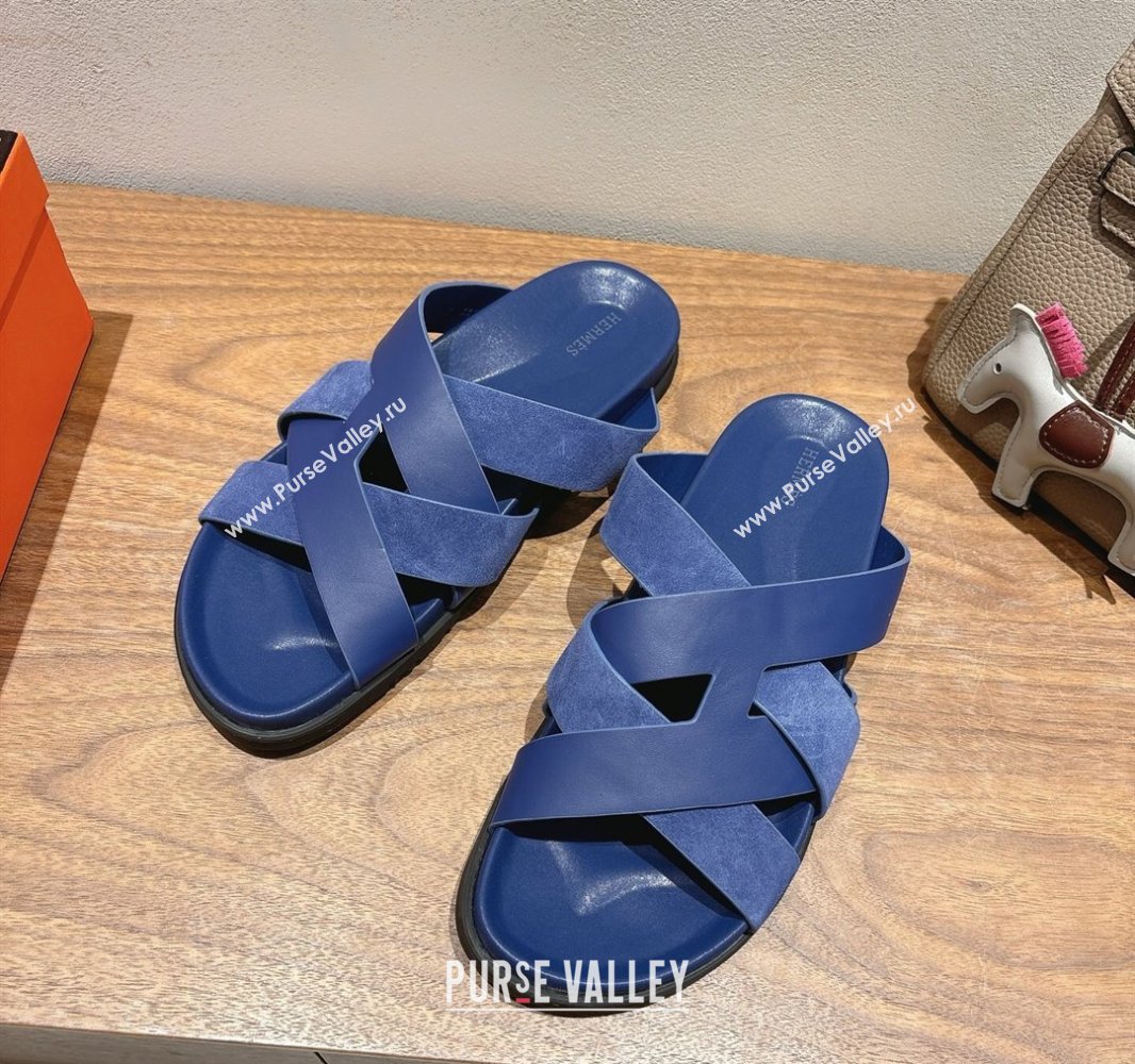 Hermes Kazimir Flat Slides Sandal in Woven Suede and Calfskin Leather Royal Blue 2025 0419 (XC-250419092)