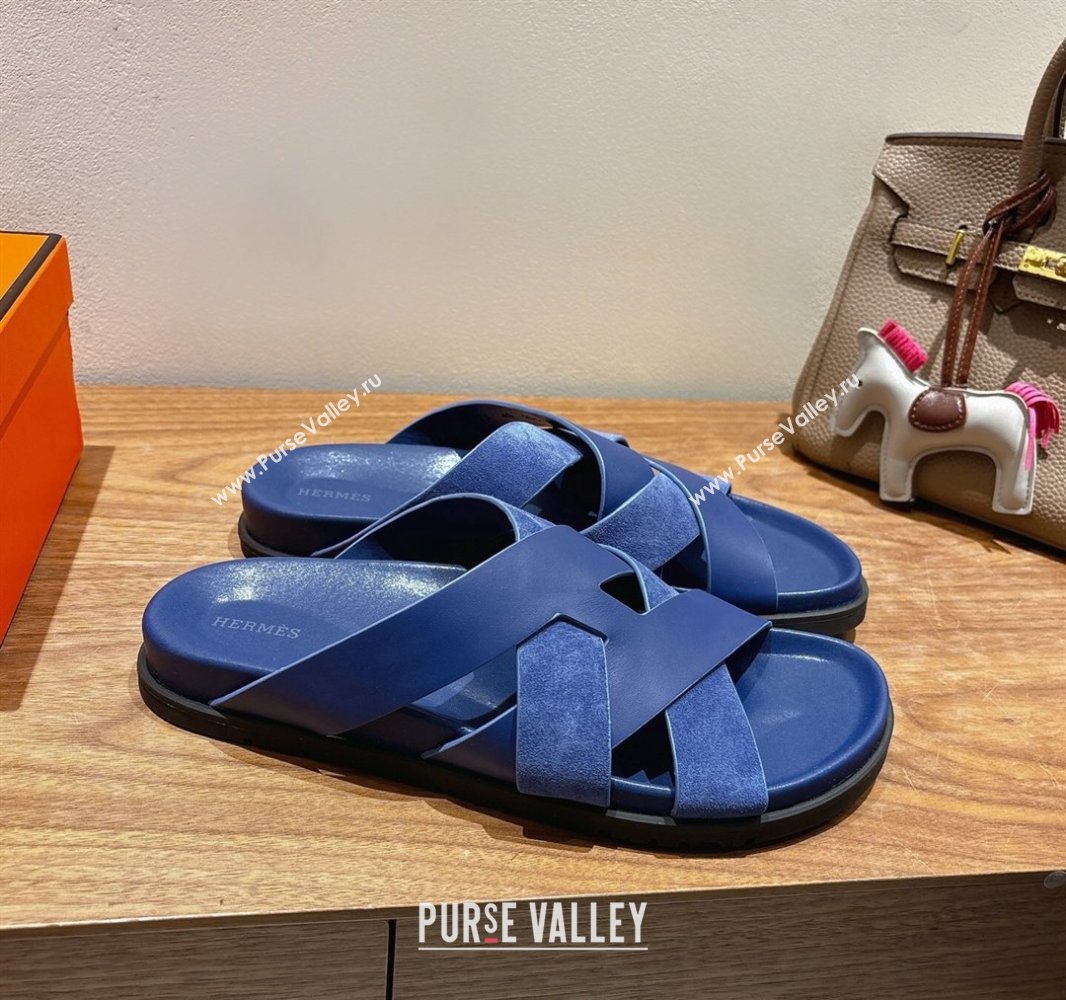 Hermes Kazimir Flat Slides Sandal in Woven Suede and Calfskin Leather Royal Blue 2025 0419 (XC-250419092)