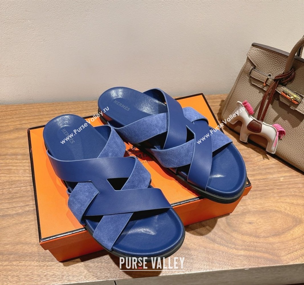 Hermes Kazimir Flat Slides Sandal in Woven Suede and Calfskin Leather Royal Blue 2025 0419 (XC-250419092)