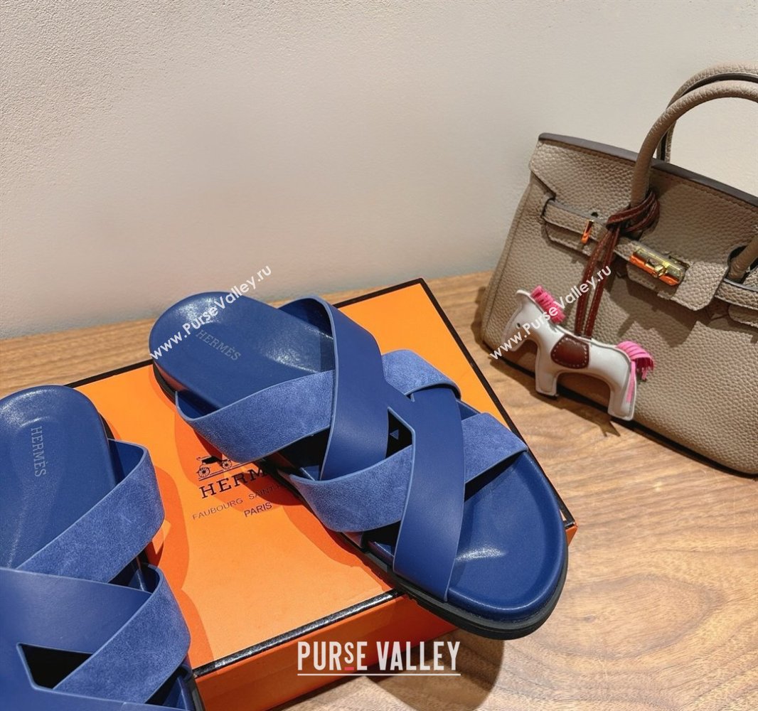 Hermes Kazimir Flat Slides Sandal in Woven Suede and Calfskin Leather Royal Blue 2025 0419 (XC-250419092)