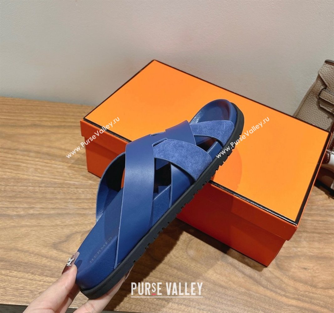 Hermes Kazimir Flat Slides Sandal in Woven Suede and Calfskin Leather Royal Blue 2025 0419 (XC-250419092)