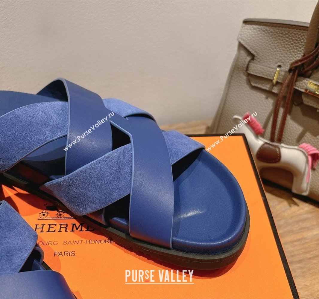 Hermes Kazimir Flat Slides Sandal in Woven Suede and Calfskin Leather Royal Blue 2025 0419 (XC-250419092)