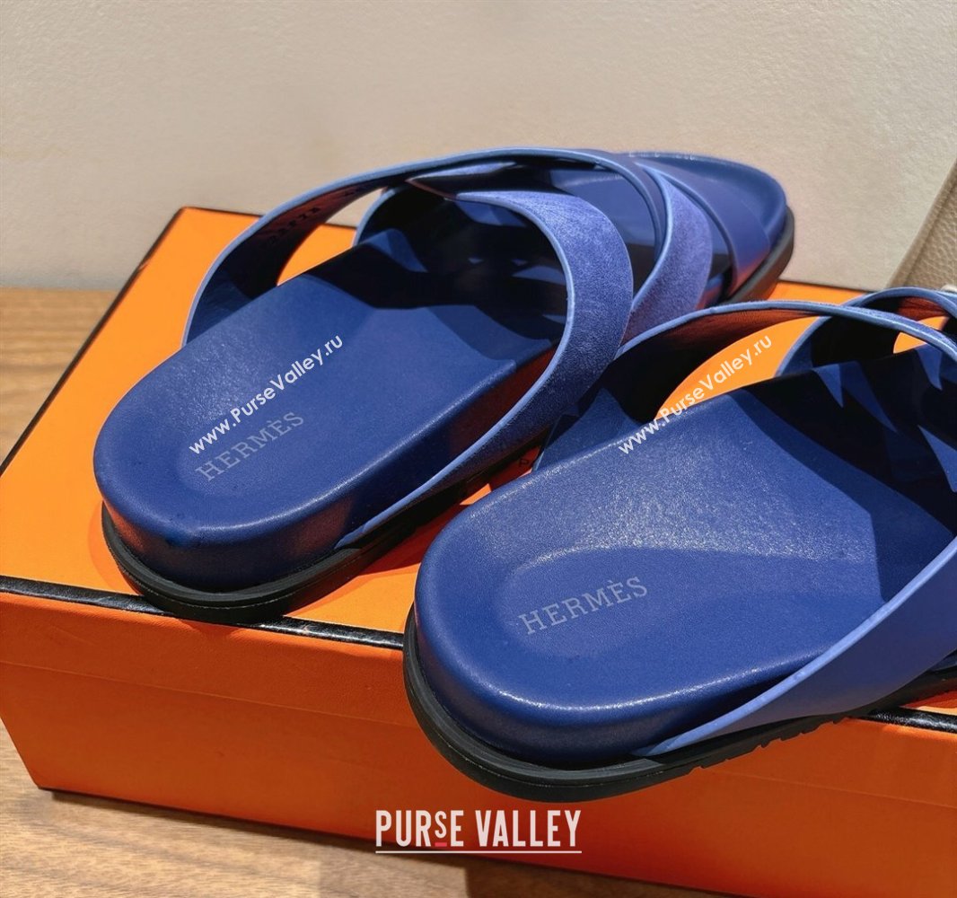 Hermes Kazimir Flat Slides Sandal in Woven Suede and Calfskin Leather Royal Blue 2025 0419 (XC-250419092)