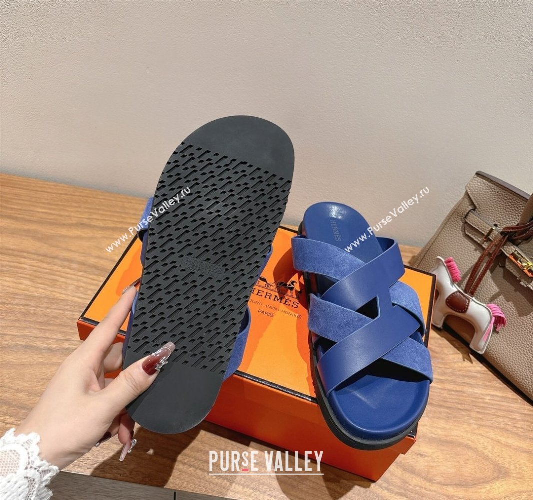 Hermes Kazimir Flat Slides Sandal in Woven Suede and Calfskin Leather Royal Blue 2025 0419 (XC-250419092)