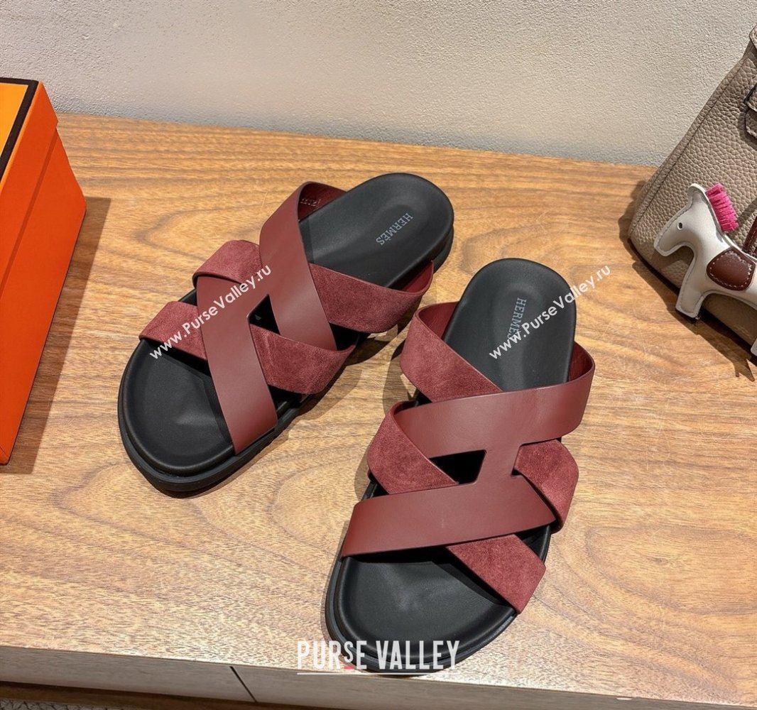 Hermes Kazimir Flat Slides Sandal in Woven Suede and Calfskin Leather Burgundy 2025 0419 (XC-250419093)