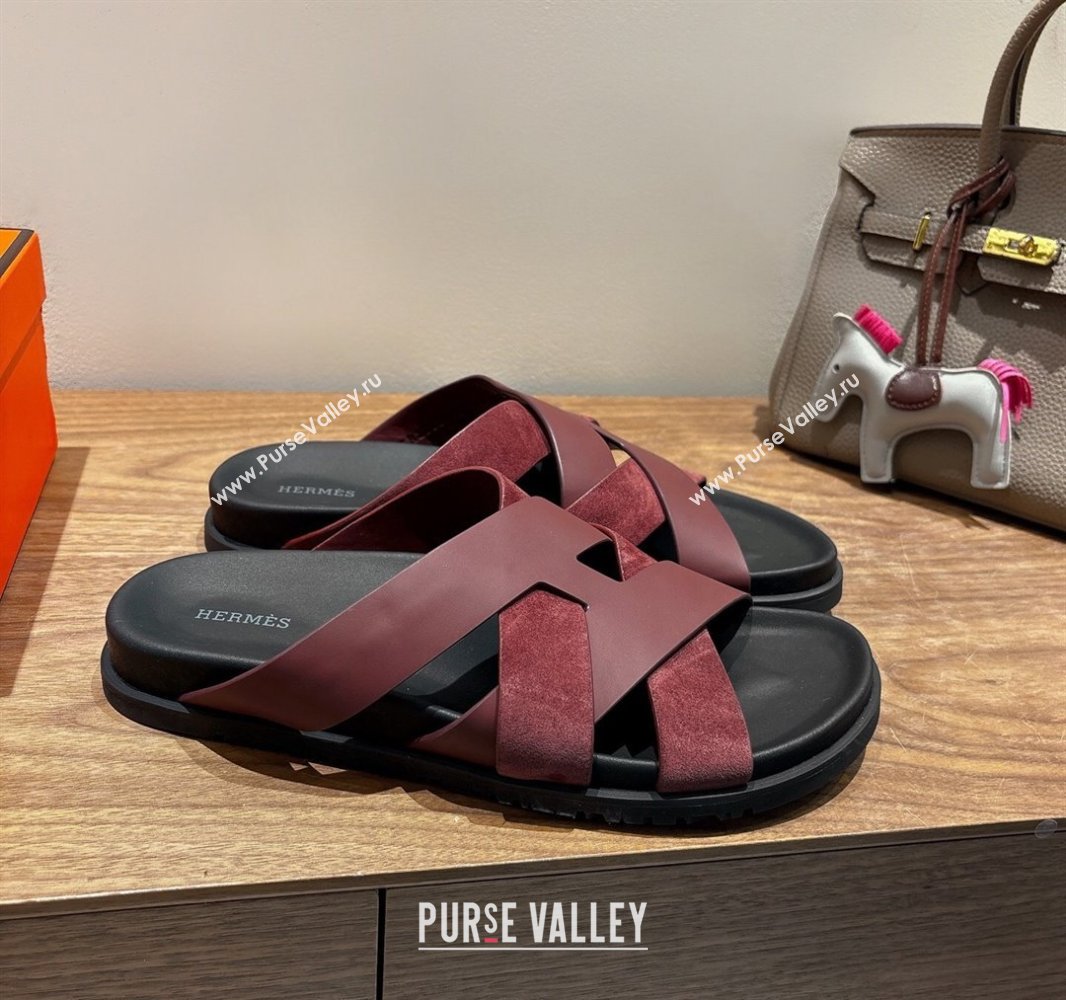 Hermes Kazimir Flat Slides Sandal in Woven Suede and Calfskin Leather Burgundy 2025 0419 (XC-250419093)