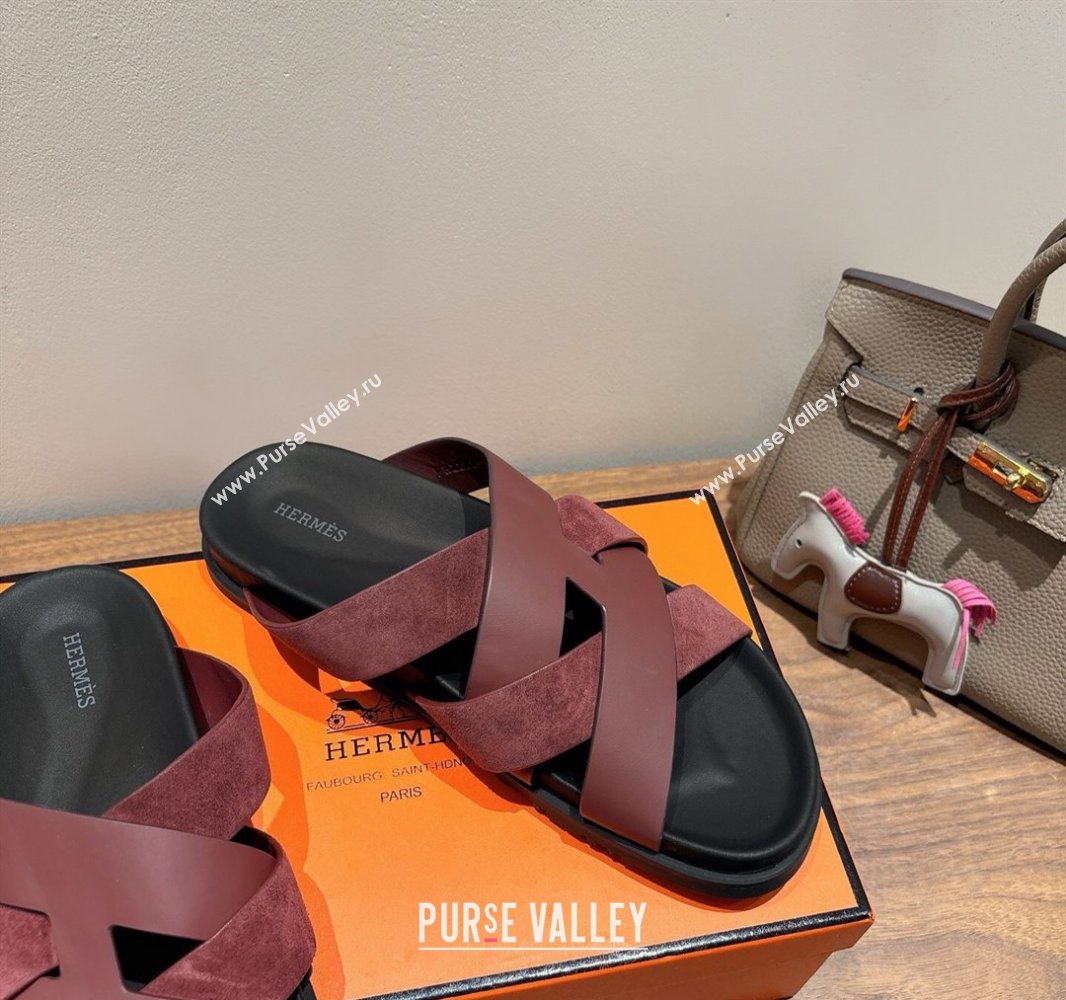 Hermes Kazimir Flat Slides Sandal in Woven Suede and Calfskin Leather Burgundy 2025 0419 (XC-250419093)