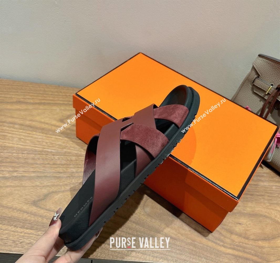 Hermes Kazimir Flat Slides Sandal in Woven Suede and Calfskin Leather Burgundy 2025 0419 (XC-250419093)