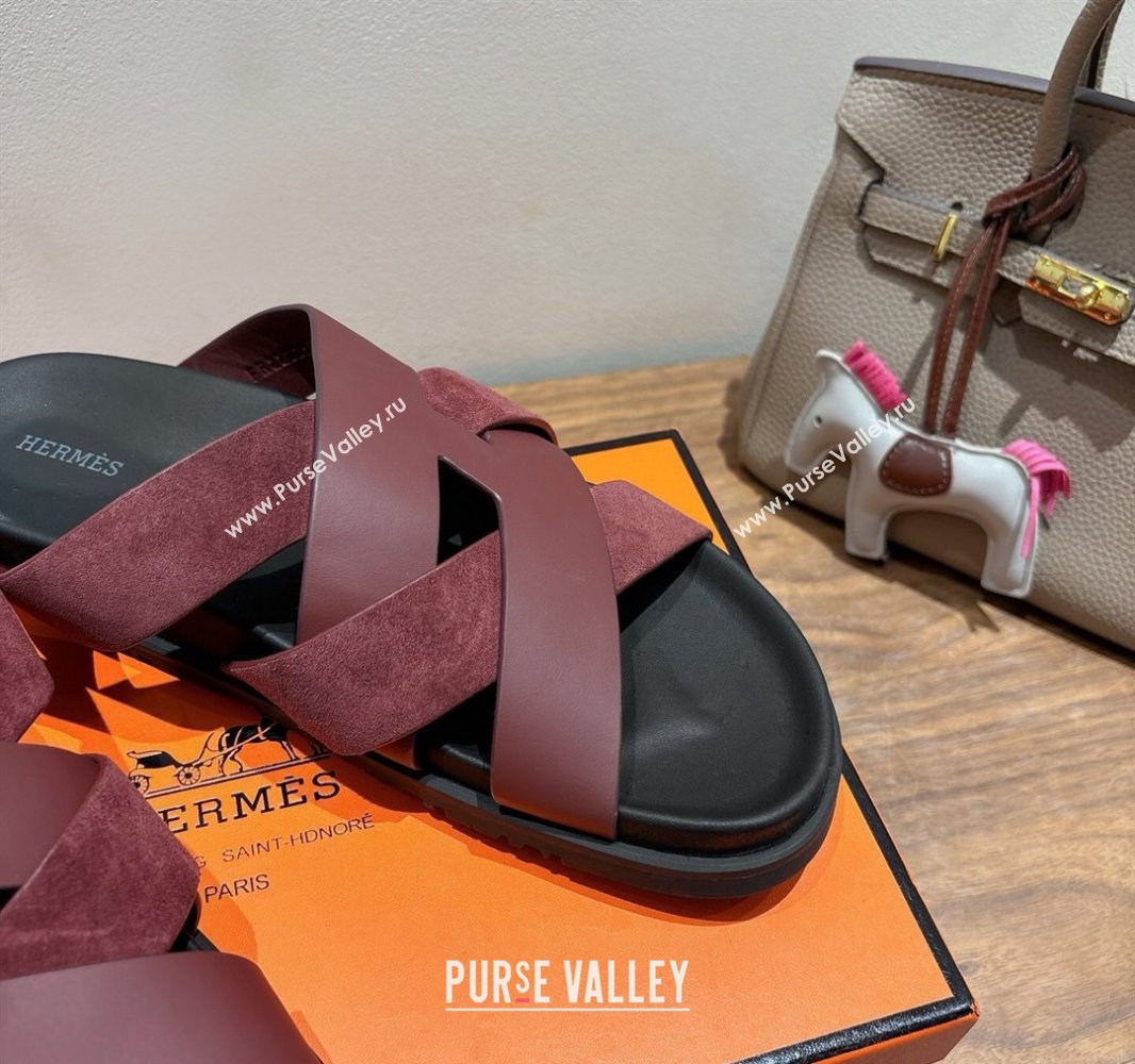 Hermes Kazimir Flat Slides Sandal in Woven Suede and Calfskin Leather Burgundy 2025 0419 (XC-250419093)