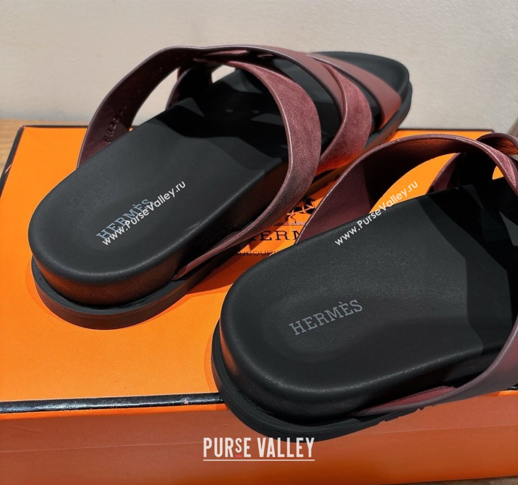 Hermes Kazimir Flat Slides Sandal in Woven Suede and Calfskin Leather Burgundy 2025 0419 (XC-250419093)
