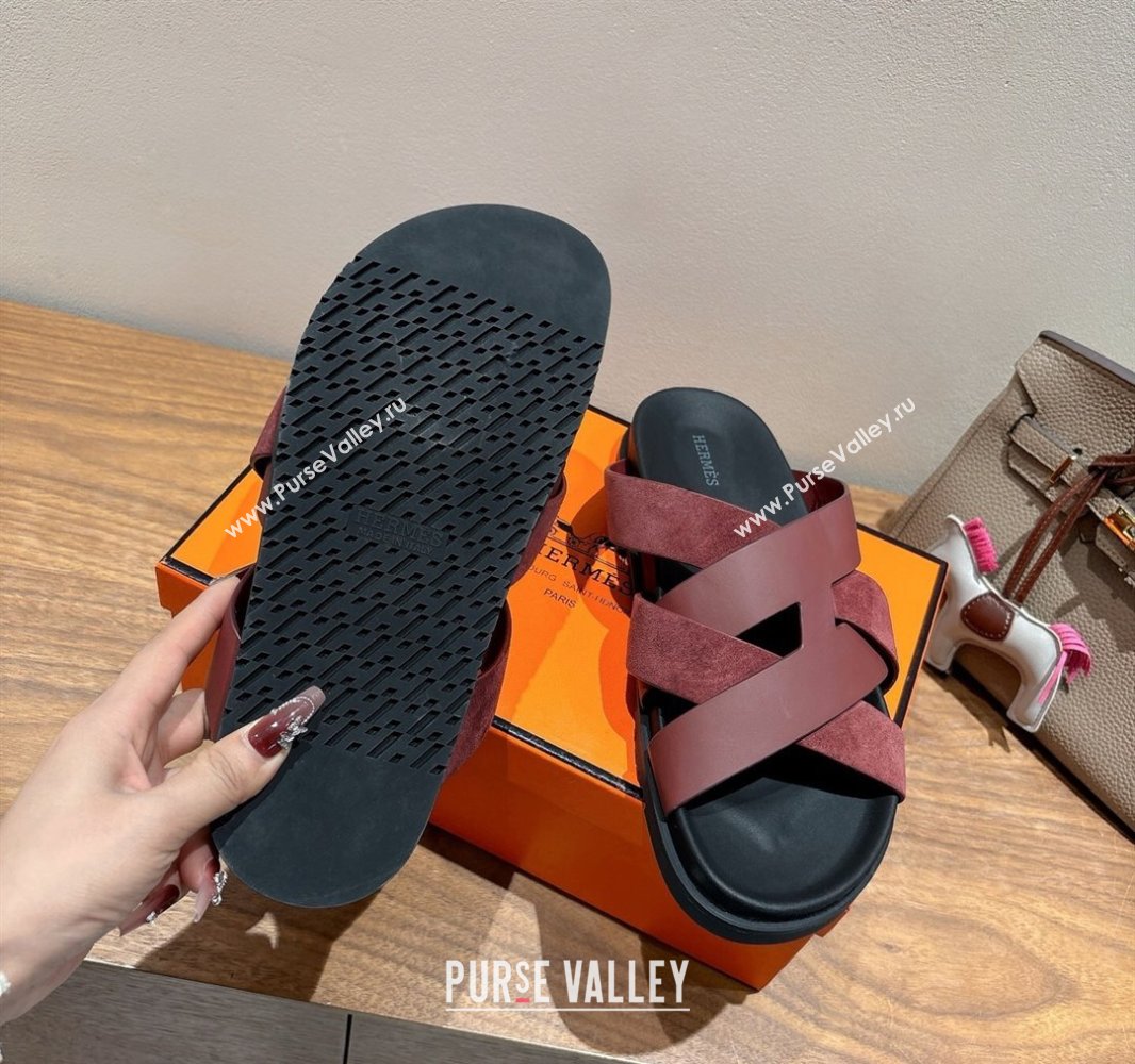 Hermes Kazimir Flat Slides Sandal in Woven Suede and Calfskin Leather Burgundy 2025 0419 (XC-250419093)
