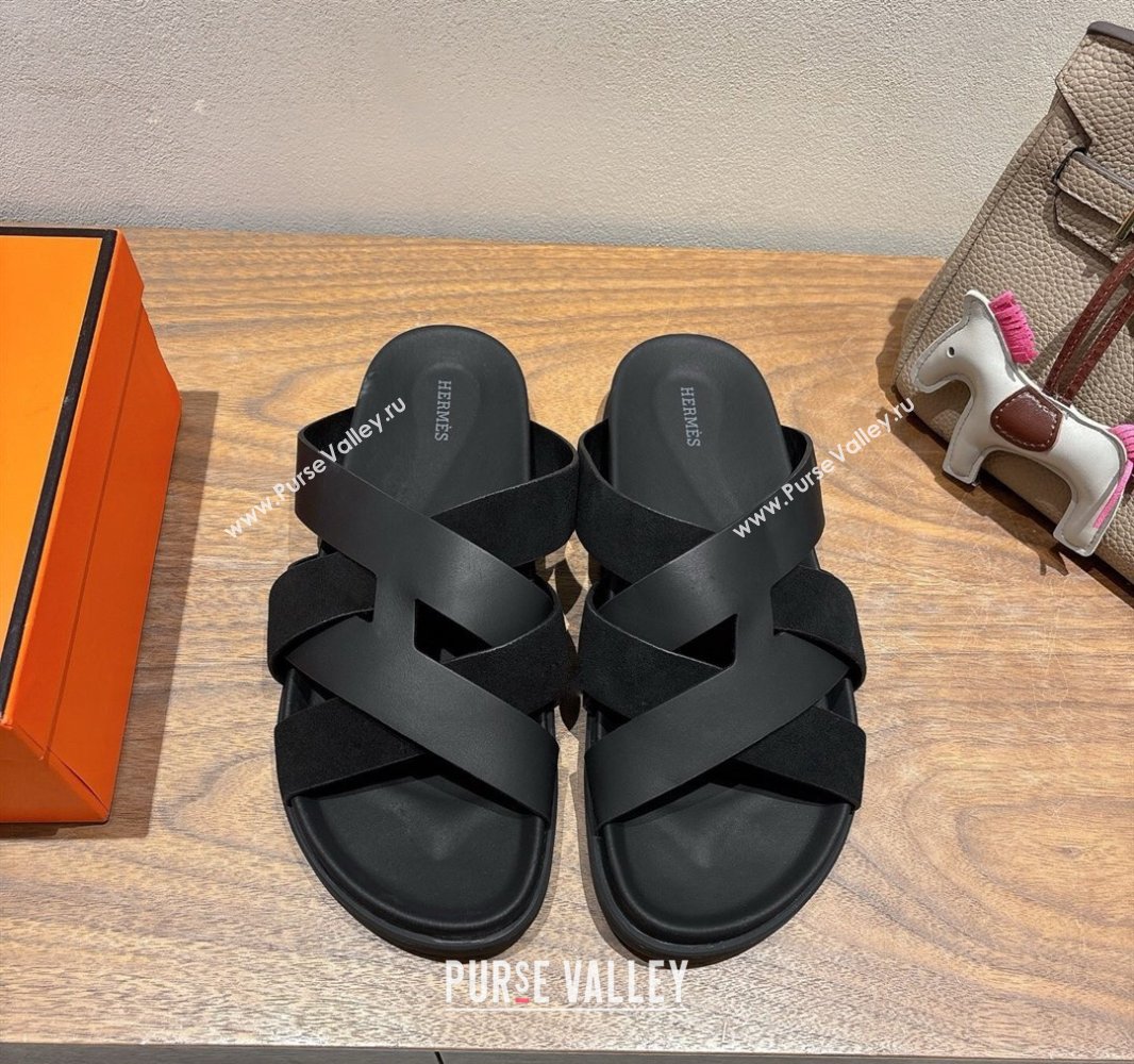 Hermes Kazimir Flat Slides Sandal in Woven Suede and Calfskin Leather Black 2025 0419 (XC-250419096)