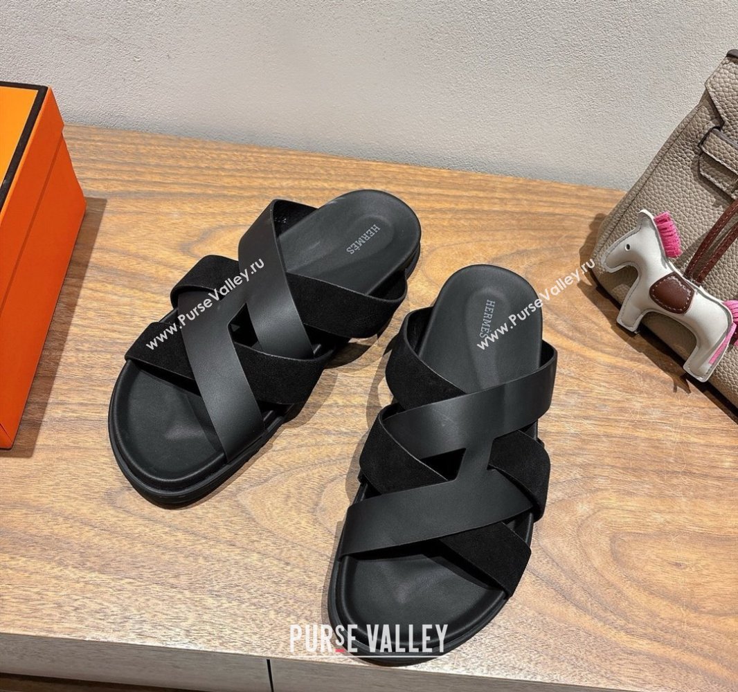 Hermes Kazimir Flat Slides Sandal in Woven Suede and Calfskin Leather Black 2025 0419 (XC-250419096)