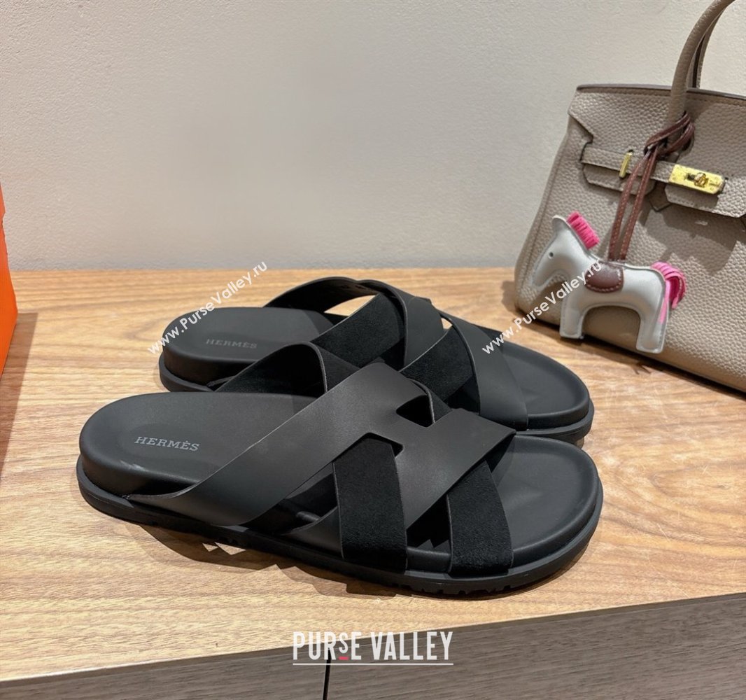 Hermes Kazimir Flat Slides Sandal in Woven Suede and Calfskin Leather Black 2025 0419 (XC-250419096)