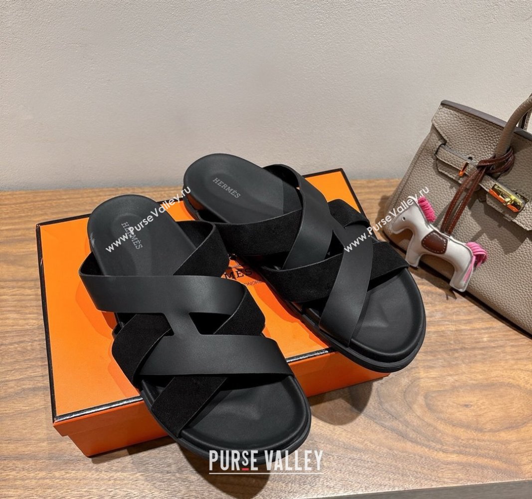 Hermes Kazimir Flat Slides Sandal in Woven Suede and Calfskin Leather Black 2025 0419 (XC-250419096)