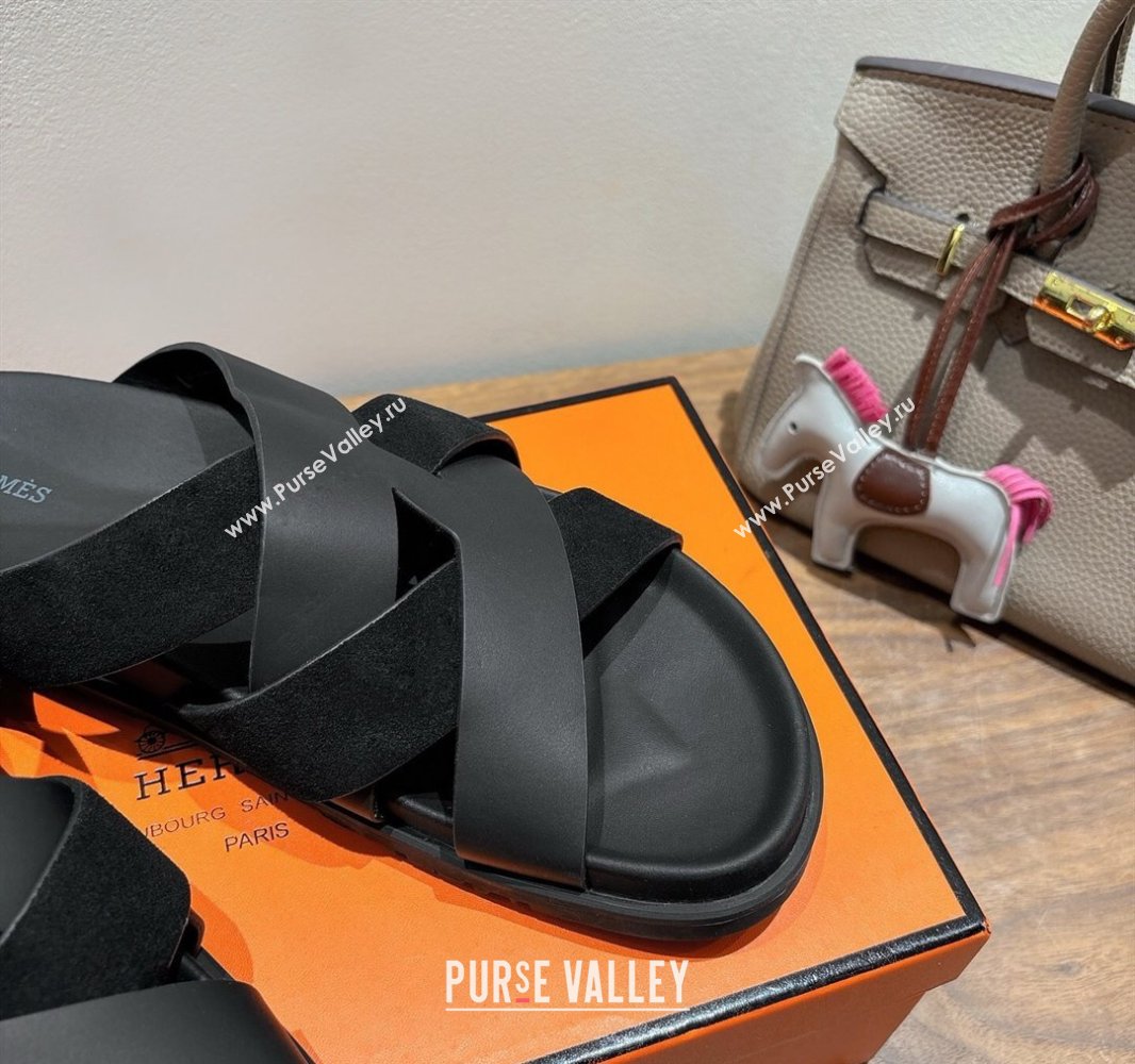 Hermes Kazimir Flat Slides Sandal in Woven Suede and Calfskin Leather Black 2025 0419 (XC-250419096)