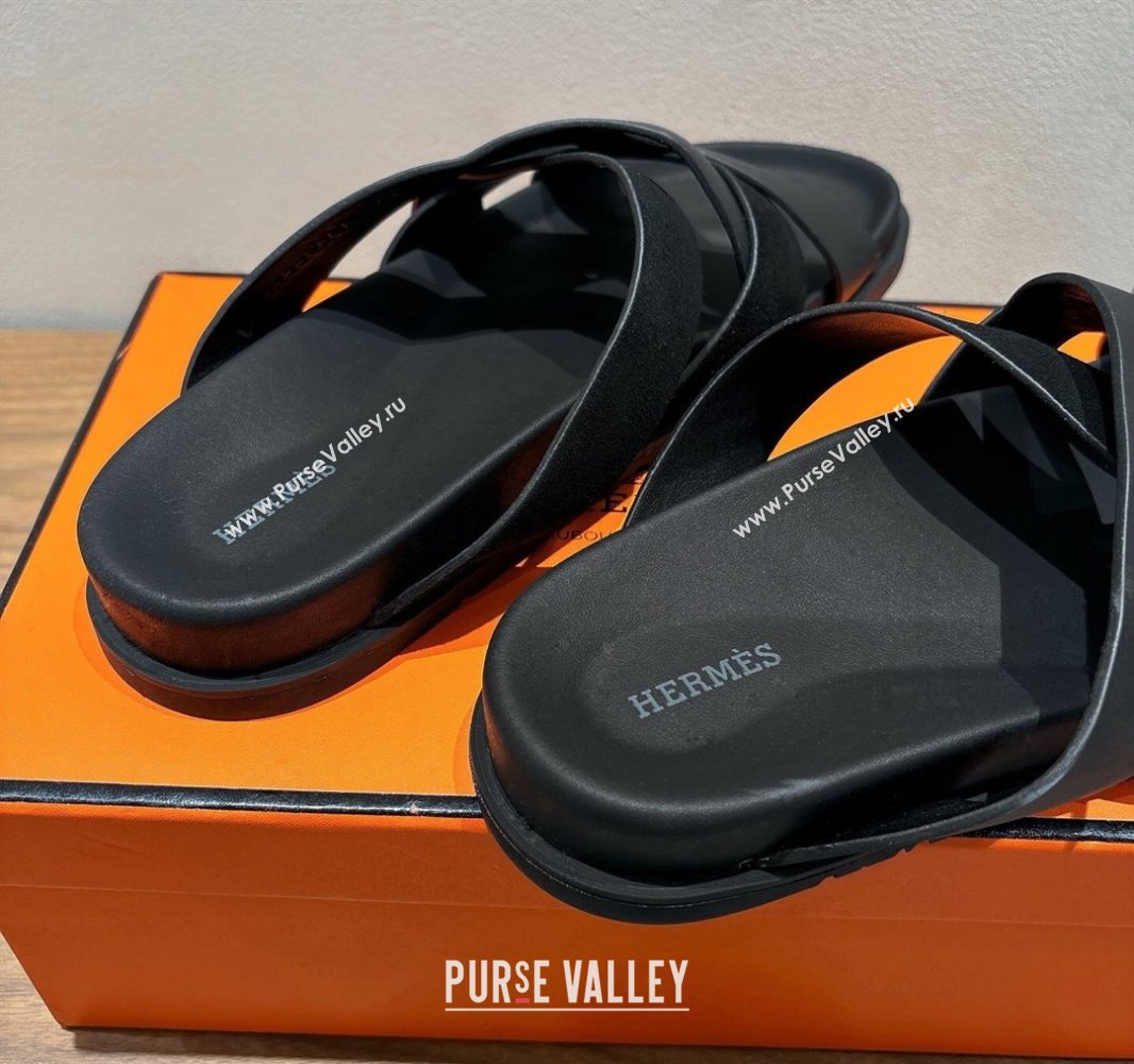 Hermes Kazimir Flat Slides Sandal in Woven Suede and Calfskin Leather Black 2025 0419 (XC-250419096)