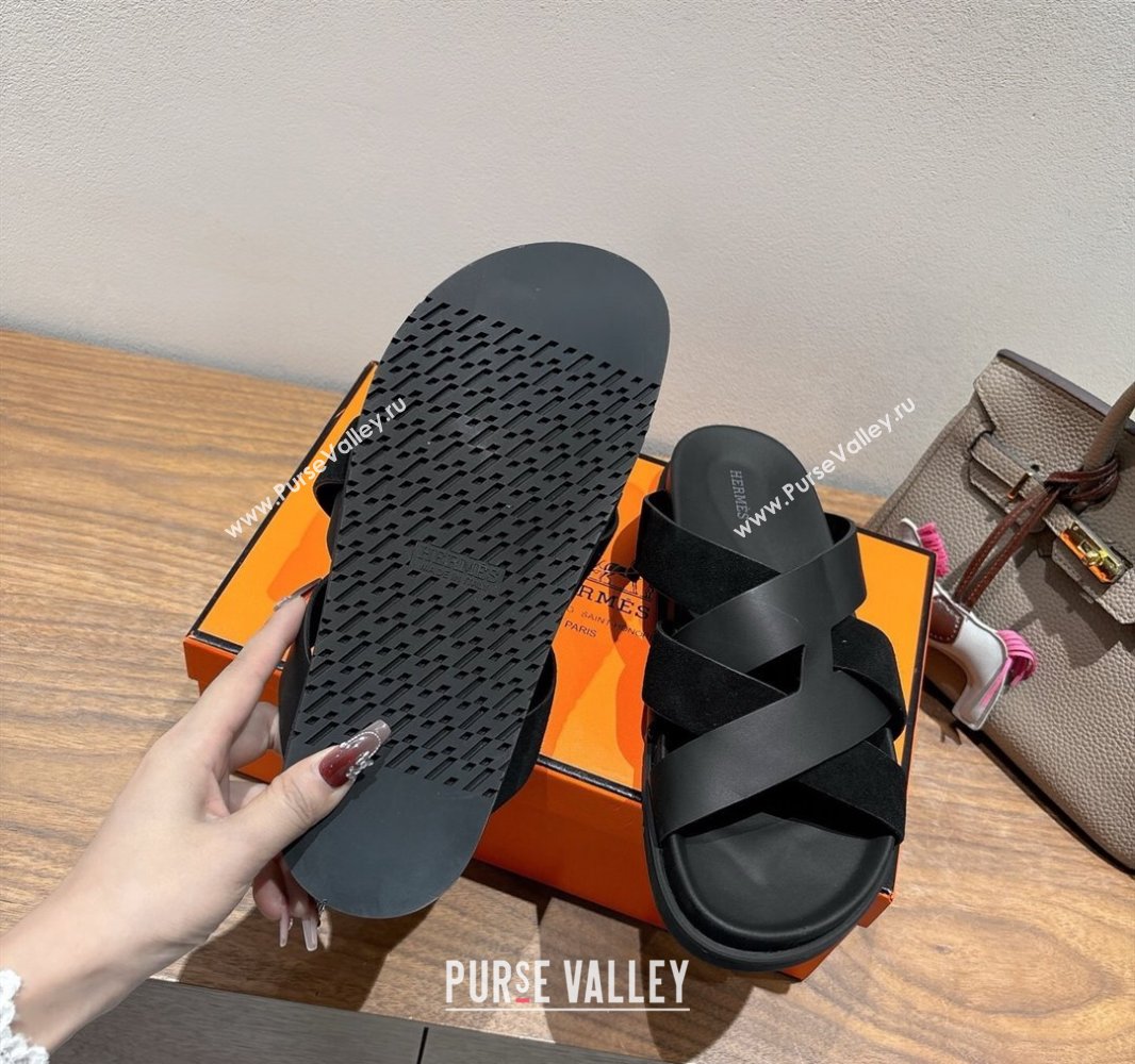 Hermes Kazimir Flat Slides Sandal in Woven Suede and Calfskin Leather Black 2025 0419 (XC-250419096)