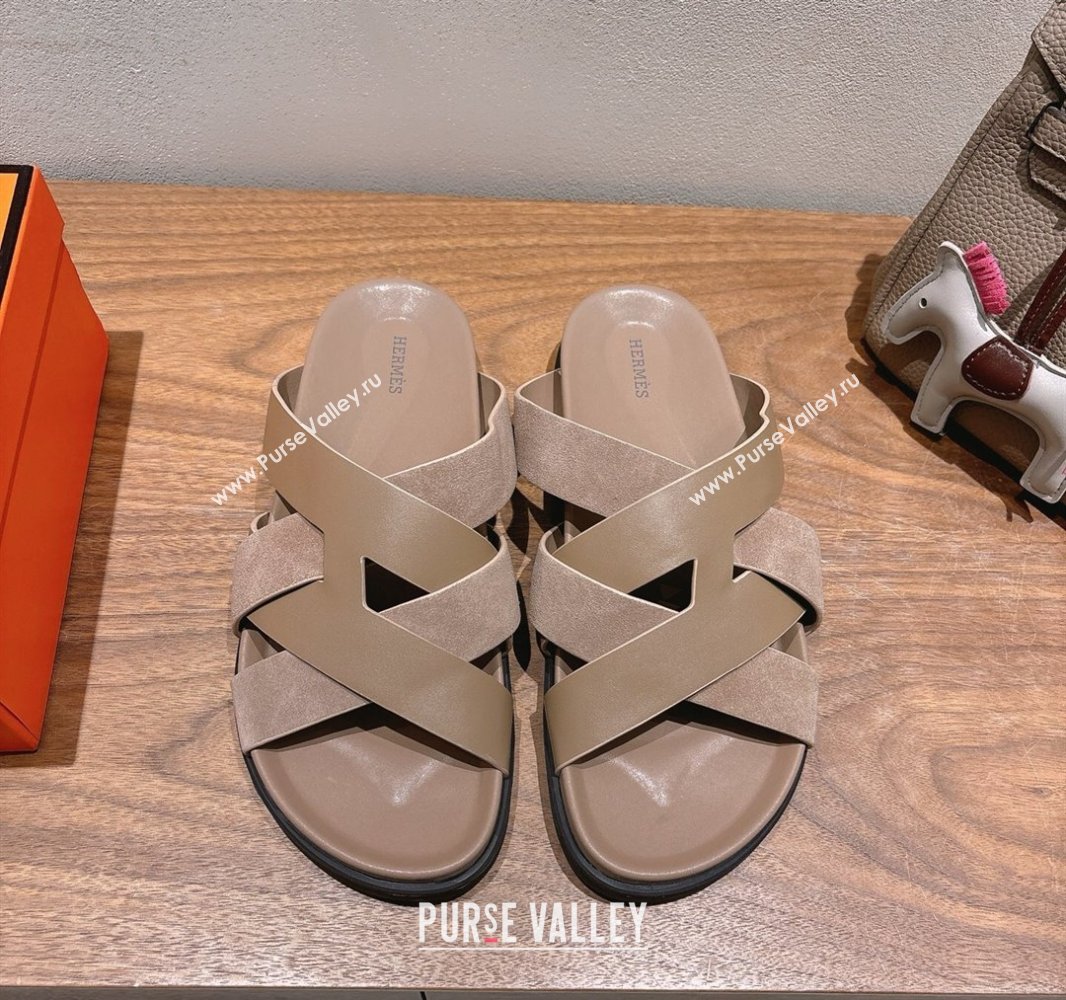 Hermes Kazimir Flat Slides Sandal in Woven Suede and Calfskin Leather Elephant Grey 2025 0419 (XC-250419097)