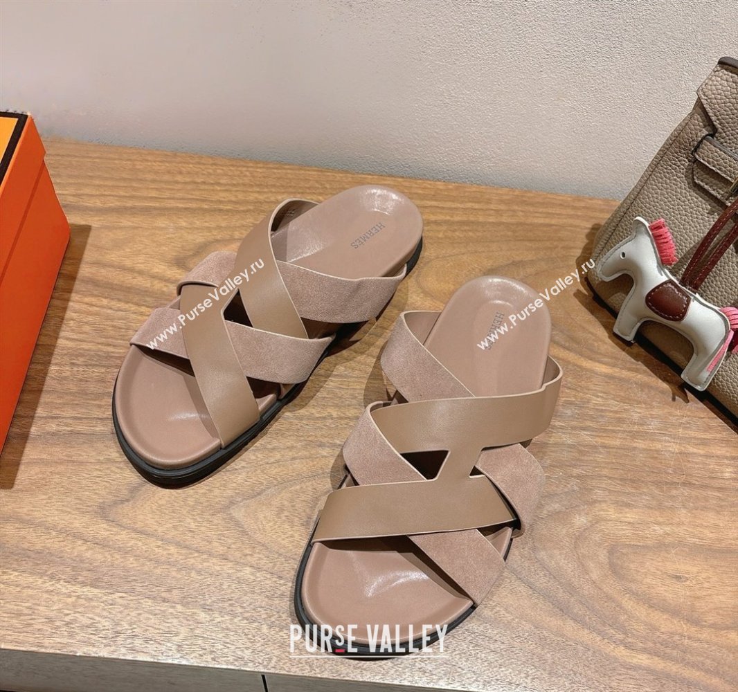 Hermes Kazimir Flat Slides Sandal in Woven Suede and Calfskin Leather Elephant Grey 2025 0419 (XC-250419097)