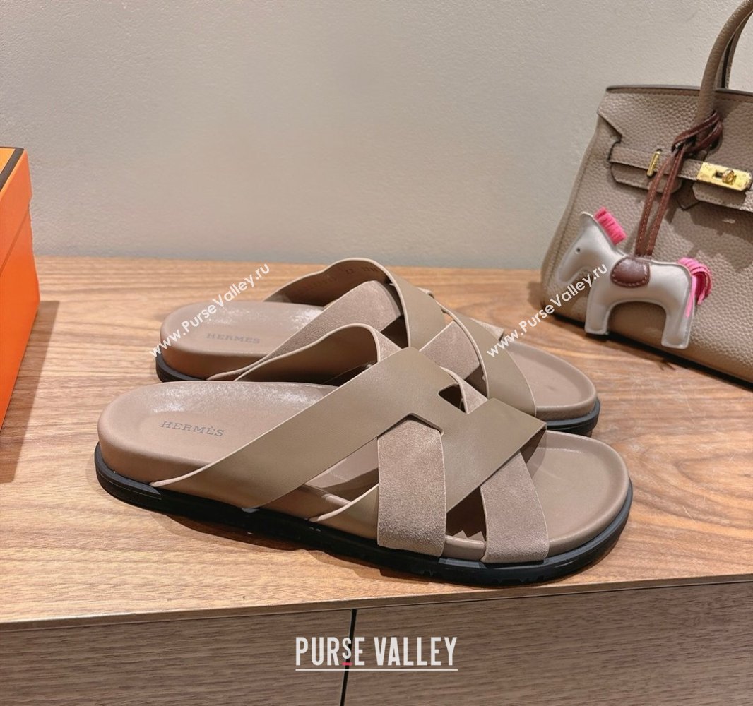 Hermes Kazimir Flat Slides Sandal in Woven Suede and Calfskin Leather Elephant Grey 2025 0419 (XC-250419097)