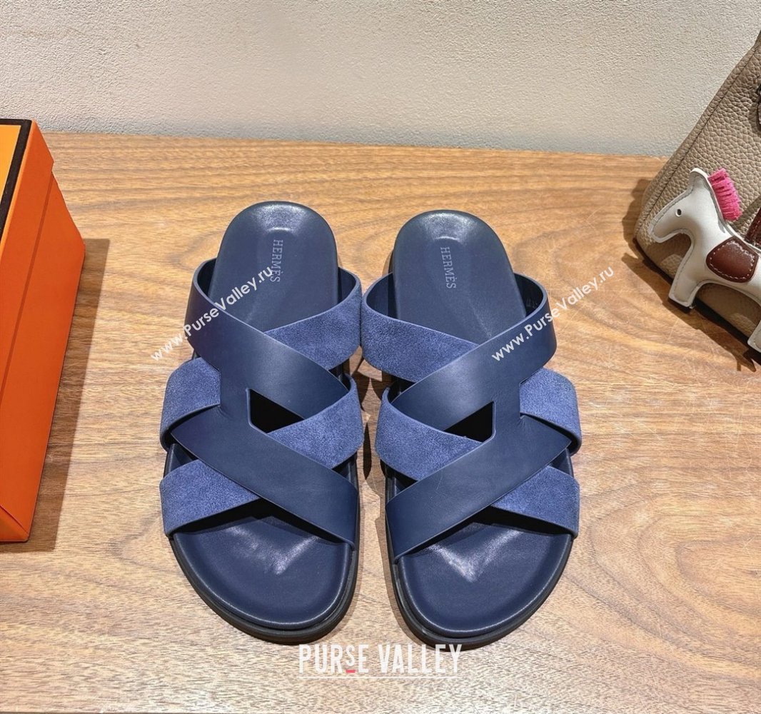 Hermes Kazimir Flat Slides Sandal in Woven Suede and Calfskin Leather Navy Blue 2025 0419 (XC-250419098)