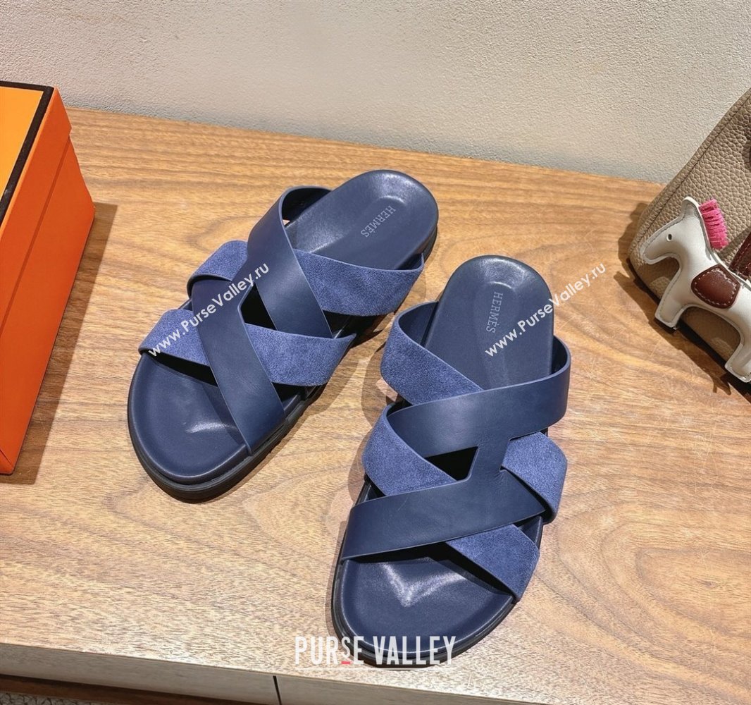 Hermes Kazimir Flat Slides Sandal in Woven Suede and Calfskin Leather Navy Blue 2025 0419 (XC-250419098)