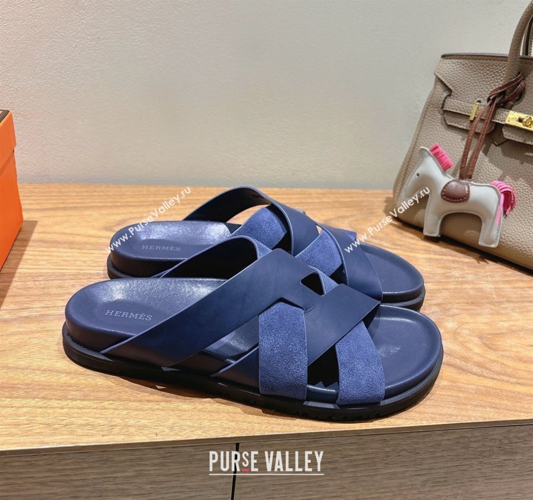 Hermes Kazimir Flat Slides Sandal in Woven Suede and Calfskin Leather Navy Blue 2025 0419 (XC-250419098)