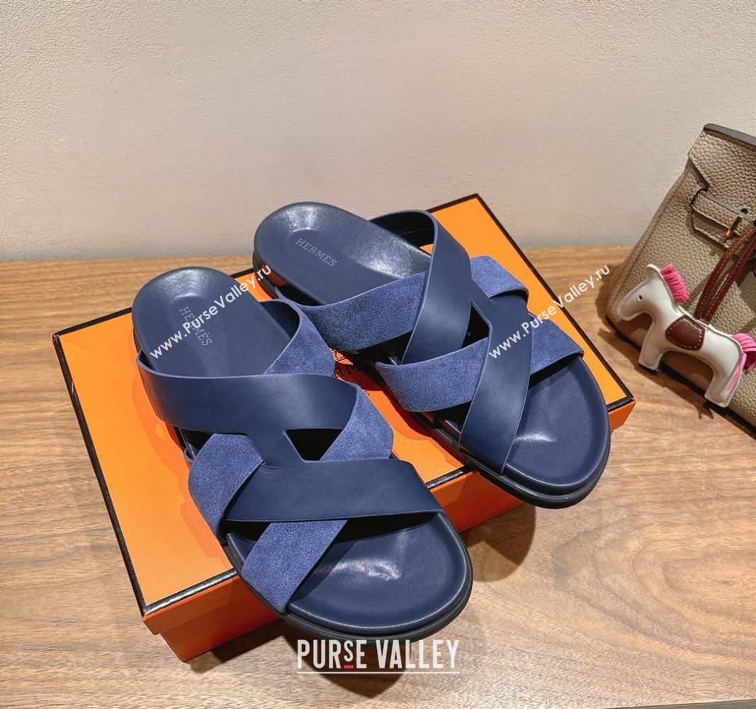 Hermes Kazimir Flat Slides Sandal in Woven Suede and Calfskin Leather Navy Blue 2025 0419 (XC-250419098)