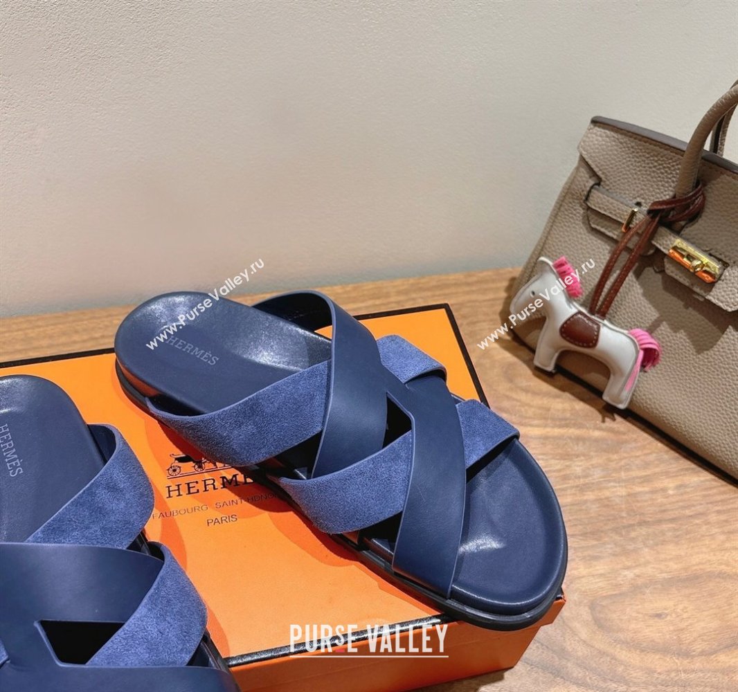 Hermes Kazimir Flat Slides Sandal in Woven Suede and Calfskin Leather Navy Blue 2025 0419 (XC-250419098)