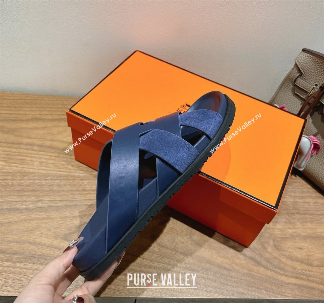 Hermes Kazimir Flat Slides Sandal in Woven Suede and Calfskin Leather Navy Blue 2025 0419 (XC-250419098)