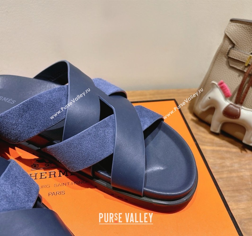 Hermes Kazimir Flat Slides Sandal in Woven Suede and Calfskin Leather Navy Blue 2025 0419 (XC-250419098)