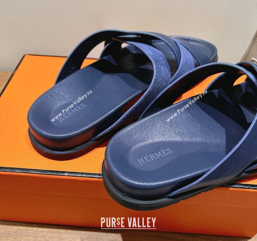 Hermes Kazimir Flat Slides Sandal in Woven Suede and Calfskin Leather Navy Blue 2025 0419 (XC-250419098)