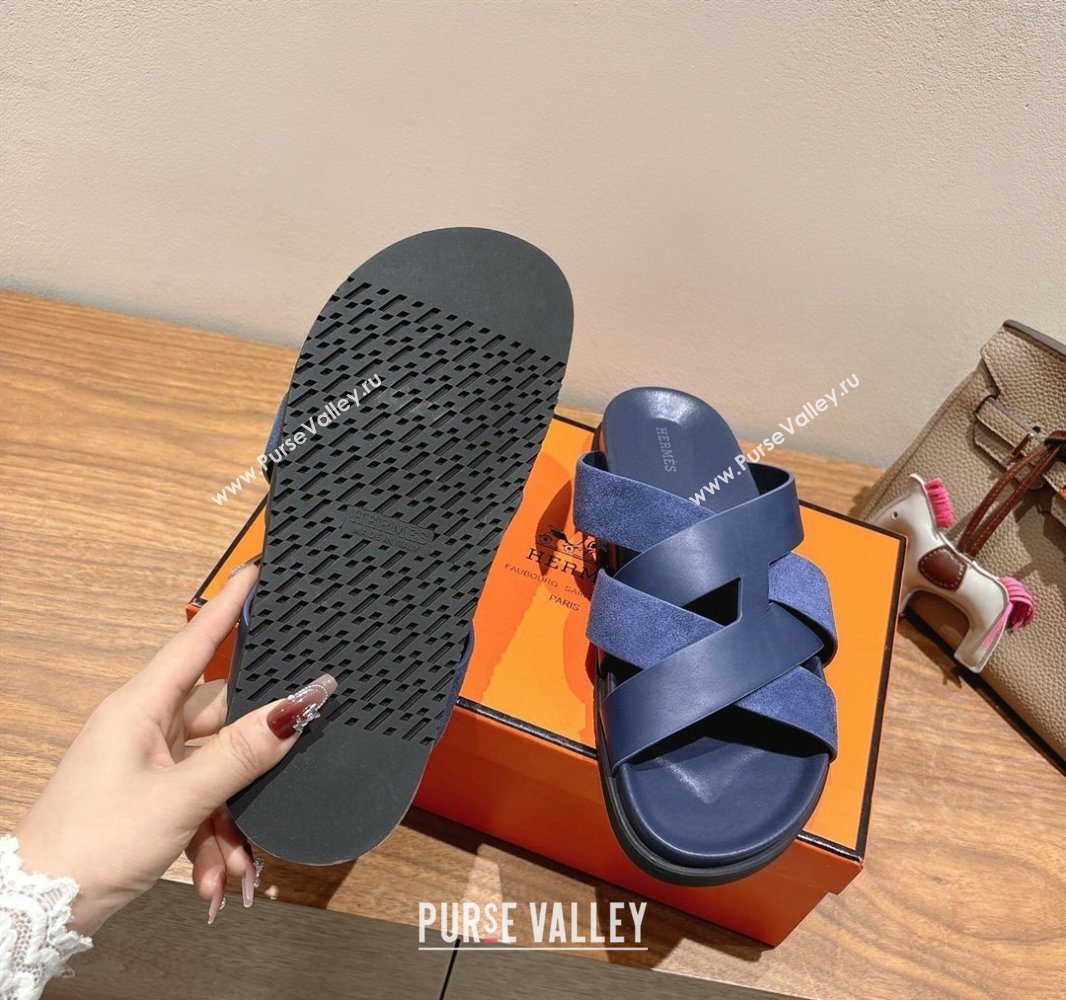 Hermes Kazimir Flat Slides Sandal in Woven Suede and Calfskin Leather Navy Blue 2025 0419 (XC-250419098)