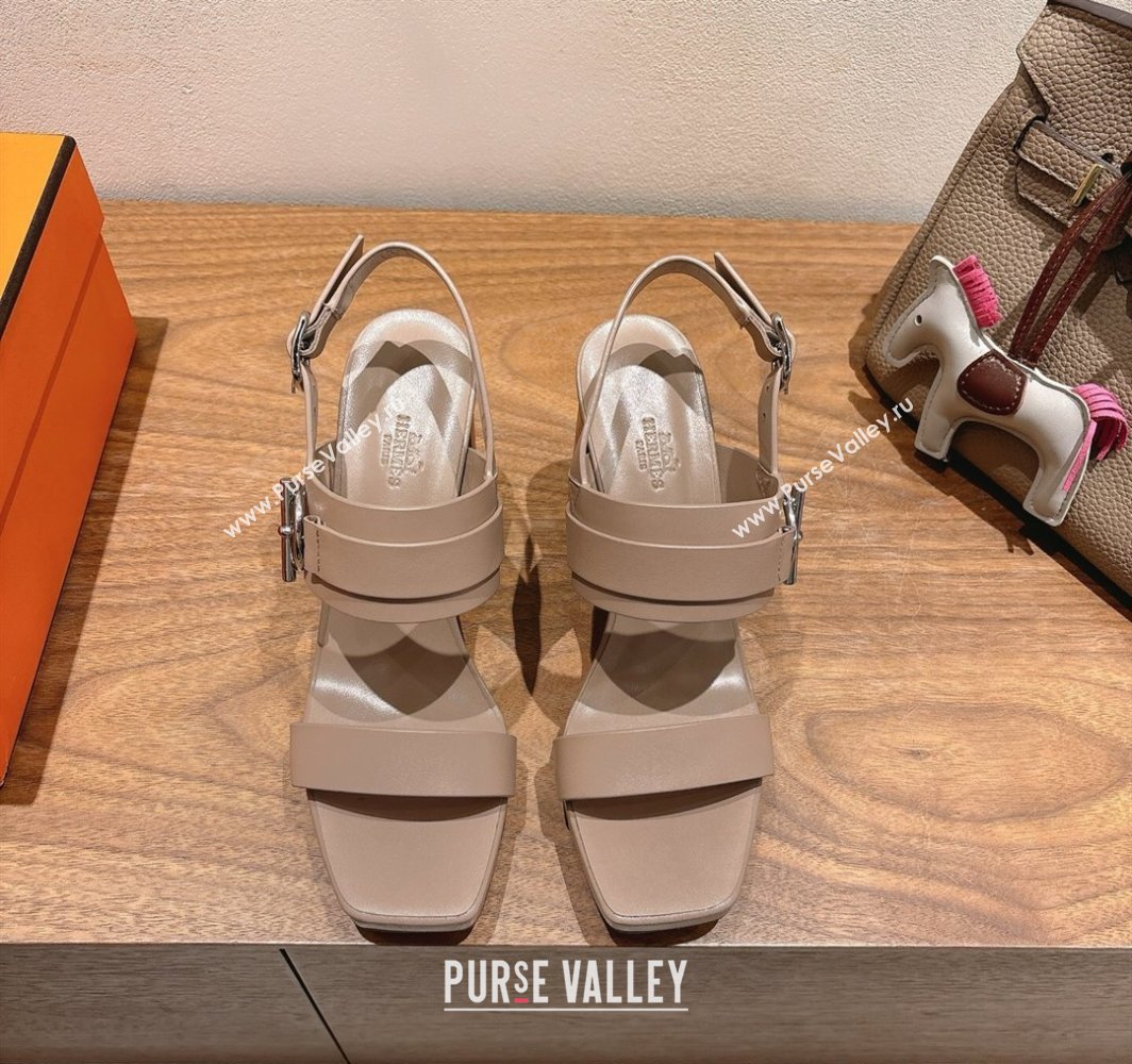 Hermes Keen Heel Sandals 9cm in Calfskin Leather with Glenan Buckle Dusty Beige 2025 0421 (XC-250421010)
