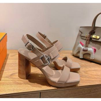 Hermes Keen Heel Sandals 9cm in Calfskin Leather with Glenan Buckle Dusty Beige 2025 0421 (XC-250421010)