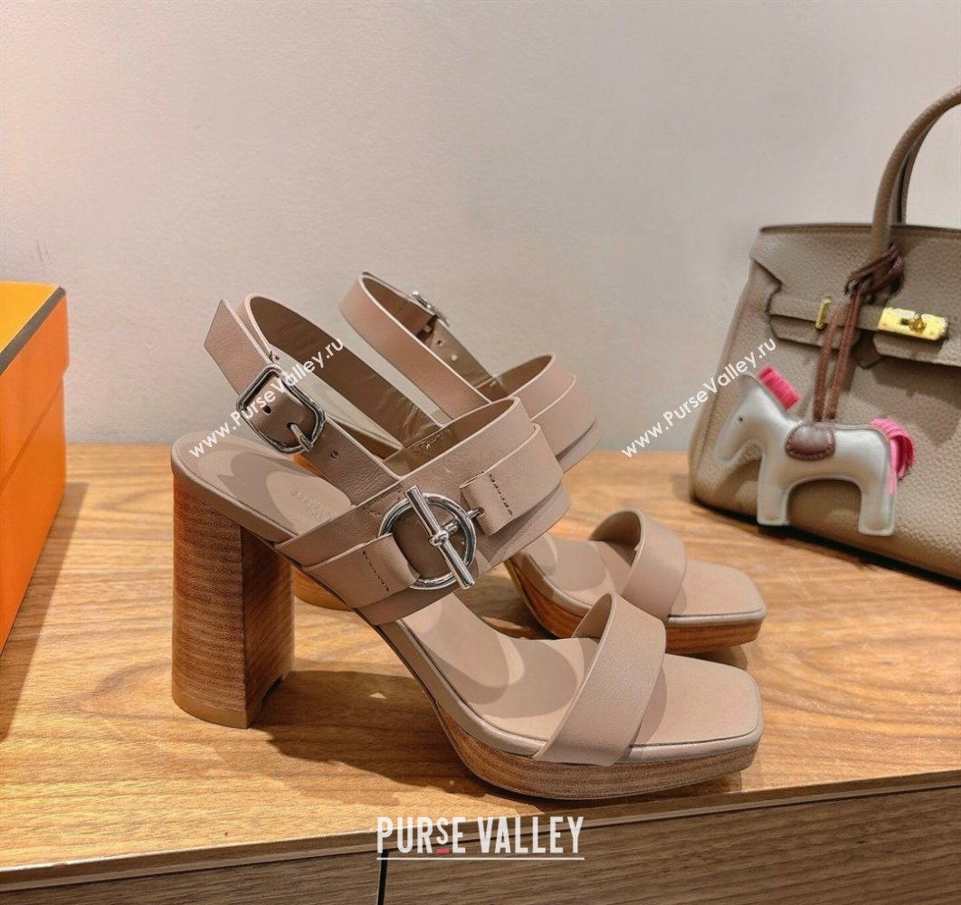 Hermes Keen Heel Sandals 9cm in Calfskin Leather with Glenan Buckle Dusty Beige 2025 0421 (XC-250421010)