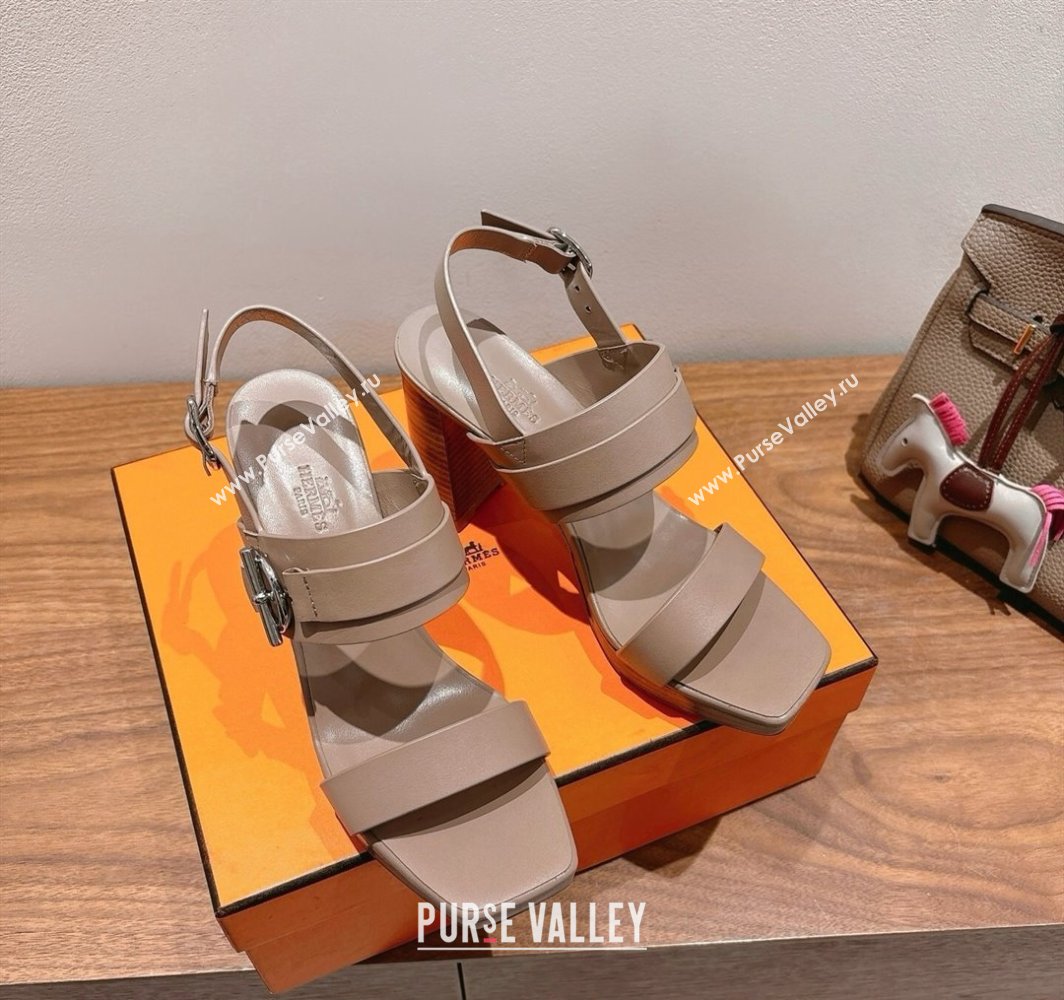 Hermes Keen Heel Sandals 9cm in Calfskin Leather with Glenan Buckle Dusty Beige 2025 0421 (XC-250421010)