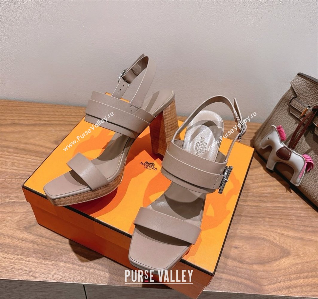 Hermes Keen Heel Sandals 9cm in Calfskin Leather with Glenan Buckle Dusty Beige 2025 0421 (XC-250421010)