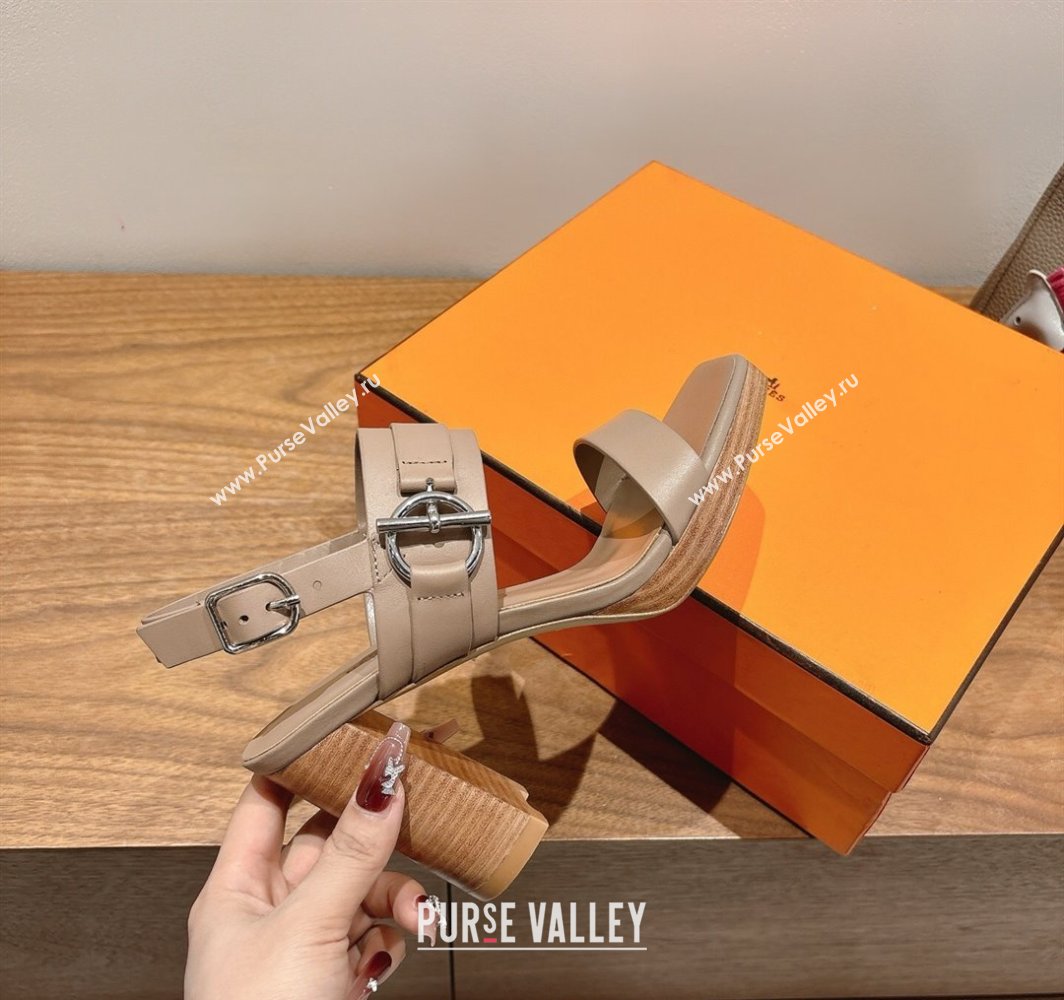 Hermes Keen Heel Sandals 9cm in Calfskin Leather with Glenan Buckle Dusty Beige 2025 0421 (XC-250421010)