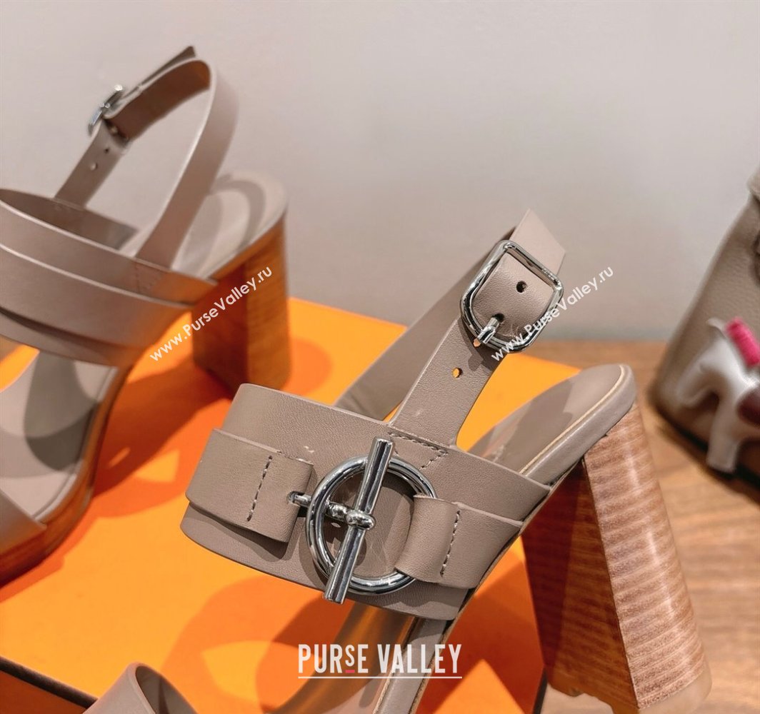Hermes Keen Heel Sandals 9cm in Calfskin Leather with Glenan Buckle Dusty Beige 2025 0421 (XC-250421010)