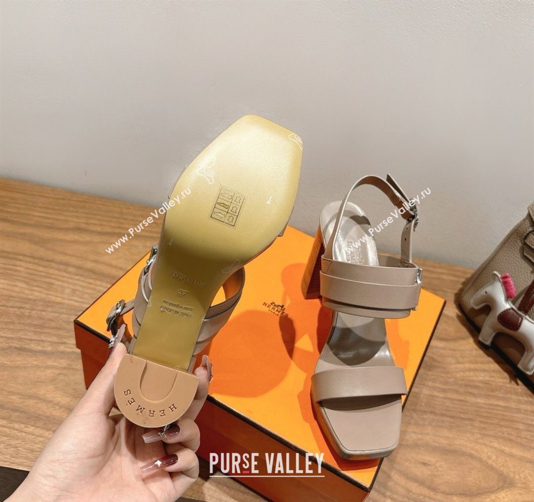 Hermes Keen Heel Sandals 9cm in Calfskin Leather with Glenan Buckle Dusty Beige 2025 0421 (XC-250421010)