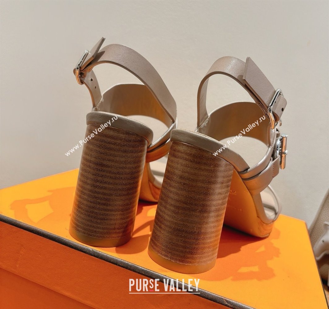 Hermes Keen Heel Sandals 9cm in Calfskin Leather with Glenan Buckle Dusty Beige 2025 0421 (XC-250421010)